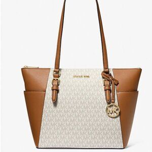 Michael Kors Charlotte $448 Large Logo & Leather Top Zip Tote Bag Vanilla NWT